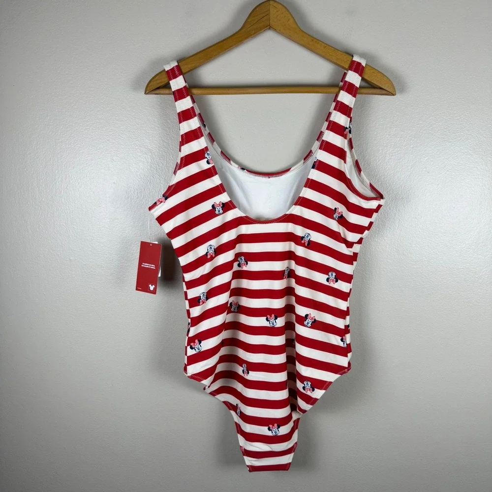 Old Navy Women's XL One Piece Swimsuit Red White Striped Minnie Mouse Disney NEW